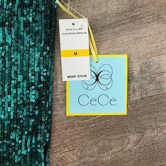 CeCe Sequined V-Neck Cap-Sleeve Green Blouse-Size Medium - Picture 3 of 7